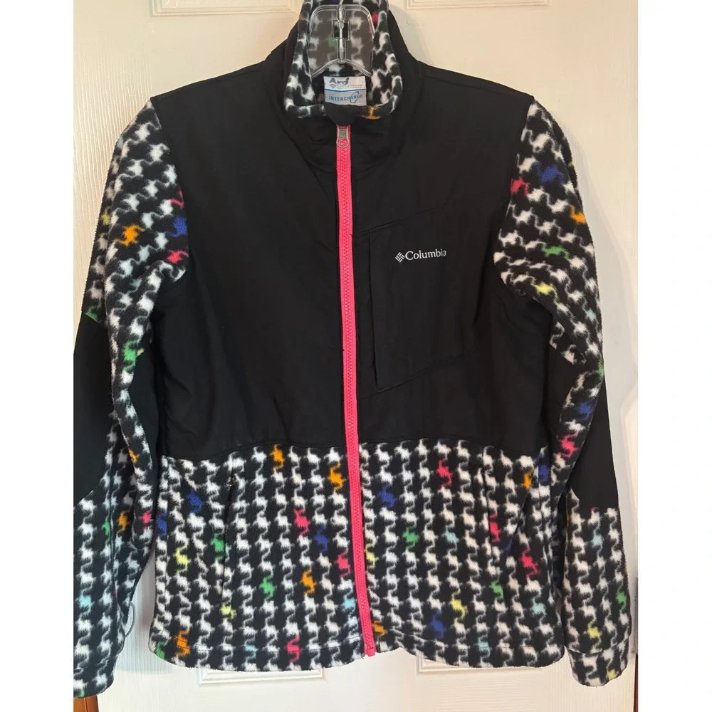 Columbia Interchange Fleece‎ Jacket Houndstooth Black Pink Youth Size 14/16